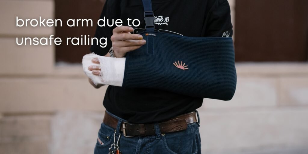Joe broke his arm when he fell because the railing broke when he was going up the stairs.