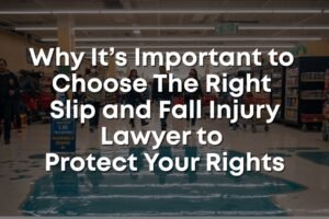Promotional banner with bold text about choosing the right slip-and-fall lawyer, over a grocery store scene with a wet floor and shoppers.