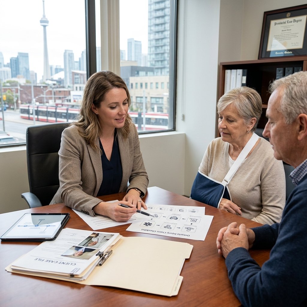 Female personal injury lawyer  in Mississauga discussing with her clients how thier car accident claim will be handled.