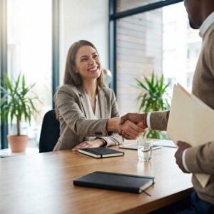 Two professionals shake hands across a wooden table in a bright office, smiling during a meeting.