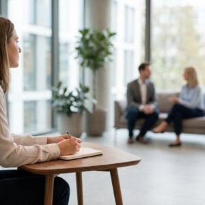 Woman writes in a notebook at a wooden table while two people discuss on a sofa in a bright office environment.