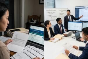 Split image: left side shows a person at a desk with papers and a laptop; right side shows a formal team meeting with a presenter presenting at a screen.
