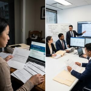 Split image: left side shows a person at a desk with papers and a laptop; right side shows a formal team meeting with a presenter presenting at a screen.