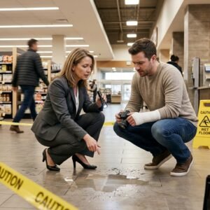 Two investigators kneel on a supermarket floor, using a flashlight and camera to document a wet spill behind yellow caution tape.