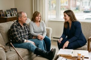 Professional woman in a navy suit consults with an older couple in a living room; the man has a leg cast and crutch nearby.