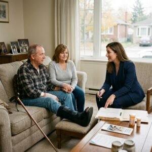 Professional woman in a navy suit consults with an older couple in a living room; the man has a leg cast and crutch nearby.