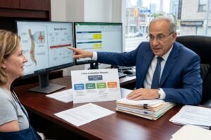 Professional man in a suit explains a spine-injury diagram to a seated woman, pointing at the monitor setup with two screens behind them.