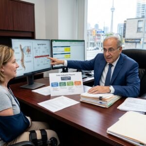 Professional man in a suit explains a spine-injury diagram to a seated woman, pointing at the monitor setup with two screens behind them.