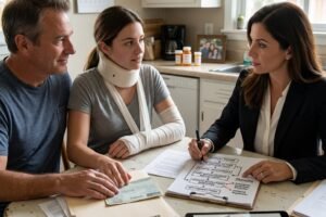 Man with a shoulder sling and a woman with a neck brace consult a female adviser at a kitchen table, reviewing medical forms and a tablet showing a map of Ontario.