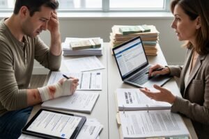 Man with a bandaged arm signs documents while a woman explains something on a laptop; money and folders stack on the desk behind them in an office.
