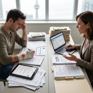 Man with a bandaged arm signs documents while a woman explains something on a laptop; money and folders stack on the desk behind them in an office.