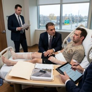 Hospital room scene: patient with leg casts in bed while two suited men discuss and review papers and a tablet nearby.