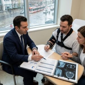 Doctor in a navy suit reviews documents with a patient wearing a shoulder-and-arm brace; a woman observes. Binder on the table shows charts and X-ray images by a rainy window.