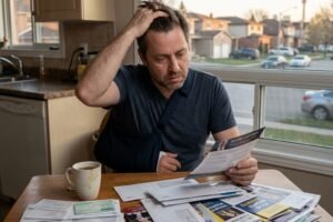 A man in a blue shirt sits at a kitchen table, holding his head in worry while going through a pile of mail and bills, with a mug nearby.
