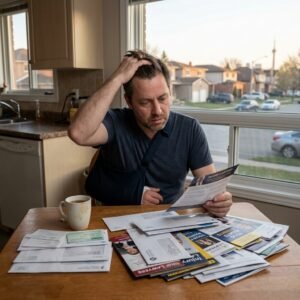 A man in a blue shirt sits at a kitchen table, holding his head in worry while going through a pile of mail and bills, with a mug nearby.