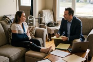 Woman with arm sling and leg brace sits on a sofa while a man in a blazer takes notes at a coffee table during a home visit.