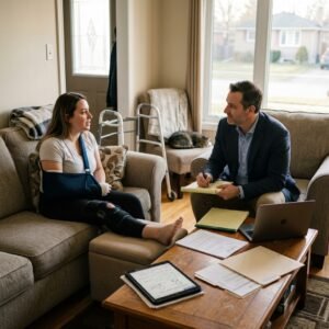 Woman with arm sling and leg brace sits on a sofa while a man in a blazer takes notes at a coffee table during a home visit.
