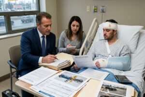 Attorney in a blue suit and an assistant sit beside a hospital bed, going over legal documents with the injured man.