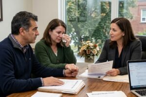 Three professionals sit at a wooden table during a meeting; a man on the left, a woman in a green sweater wiping her eye, and a woman in a suit explains documents to them.