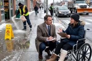 Man in a brown coat kneels beside a woman in a wheelchair, holding a notebook and speaking on a wet downtown sidewalk as a worker cleans the pavement nearby, with a 'Caution Wet Floor' sign nearby.