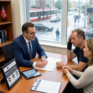 Man in a blue suit signs a contract at a wooden desk as two clients discuss the paperwork in an office setting with a rainy street outside the window.